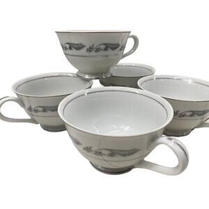 Vintage Style House REGAL Platinum White Fine China Coffee Tea Cups SET Of 5